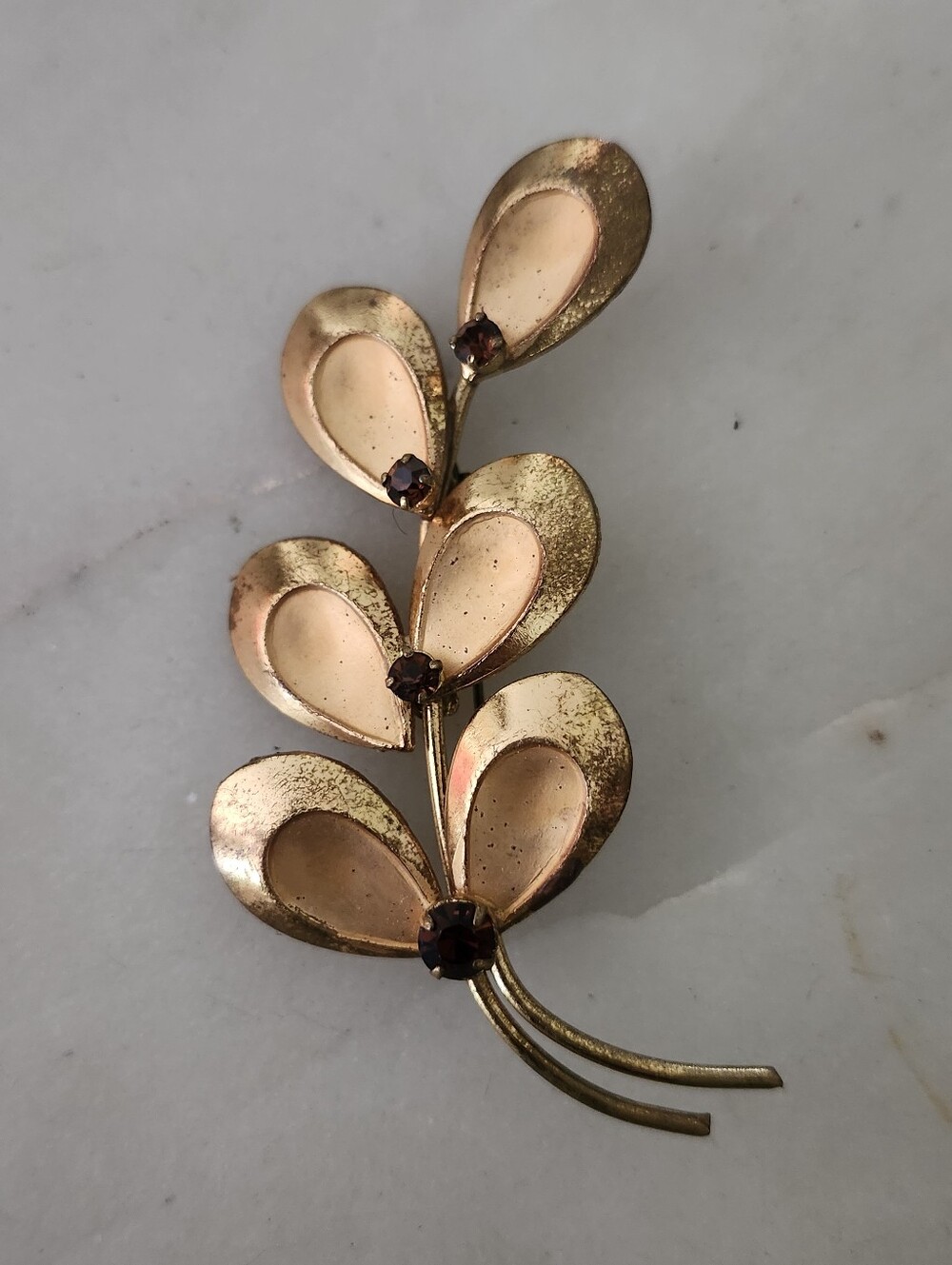 Vtg Austria Gold Tone Leaf Branch Brooch with Dark Garnet Stones